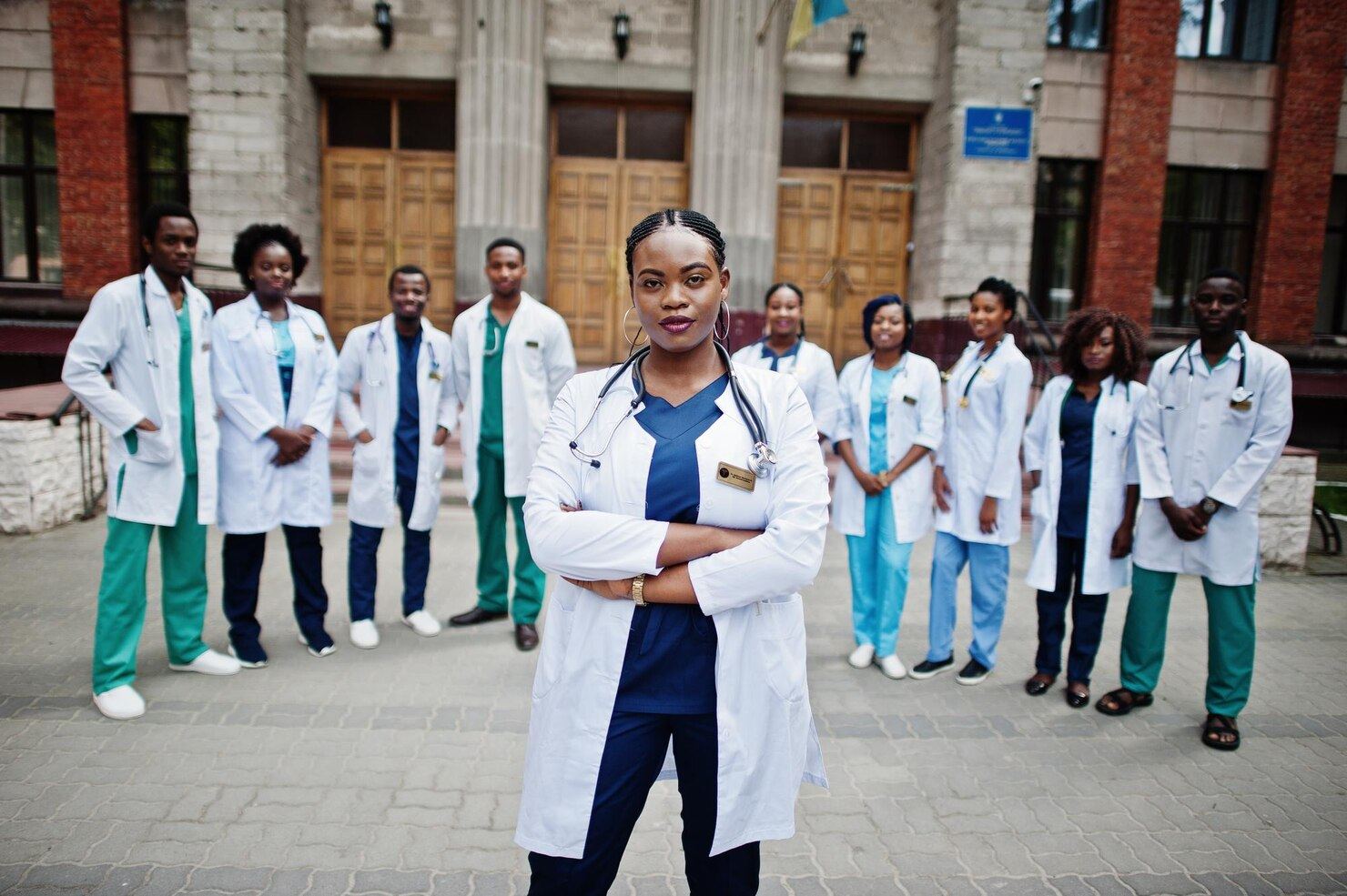 African healthcare professionals standing together outside a medical institution